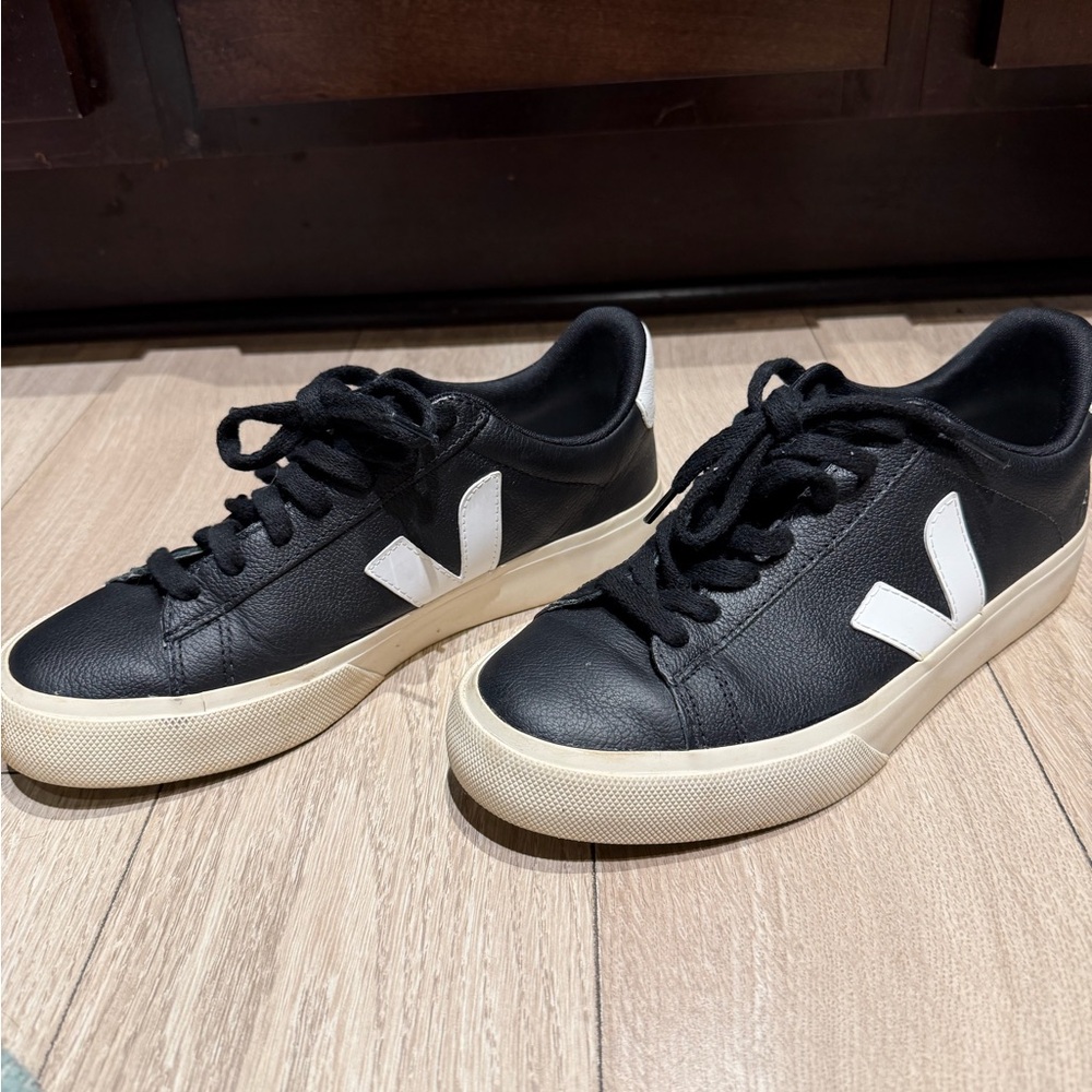 Veja Black Leather Sneakers with White V Logo - Picture 3 of 6